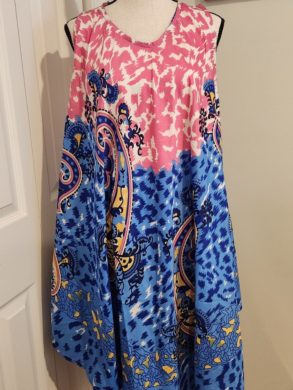 Sleeveless A-Line Paisley Print Dress in Pink and Blue